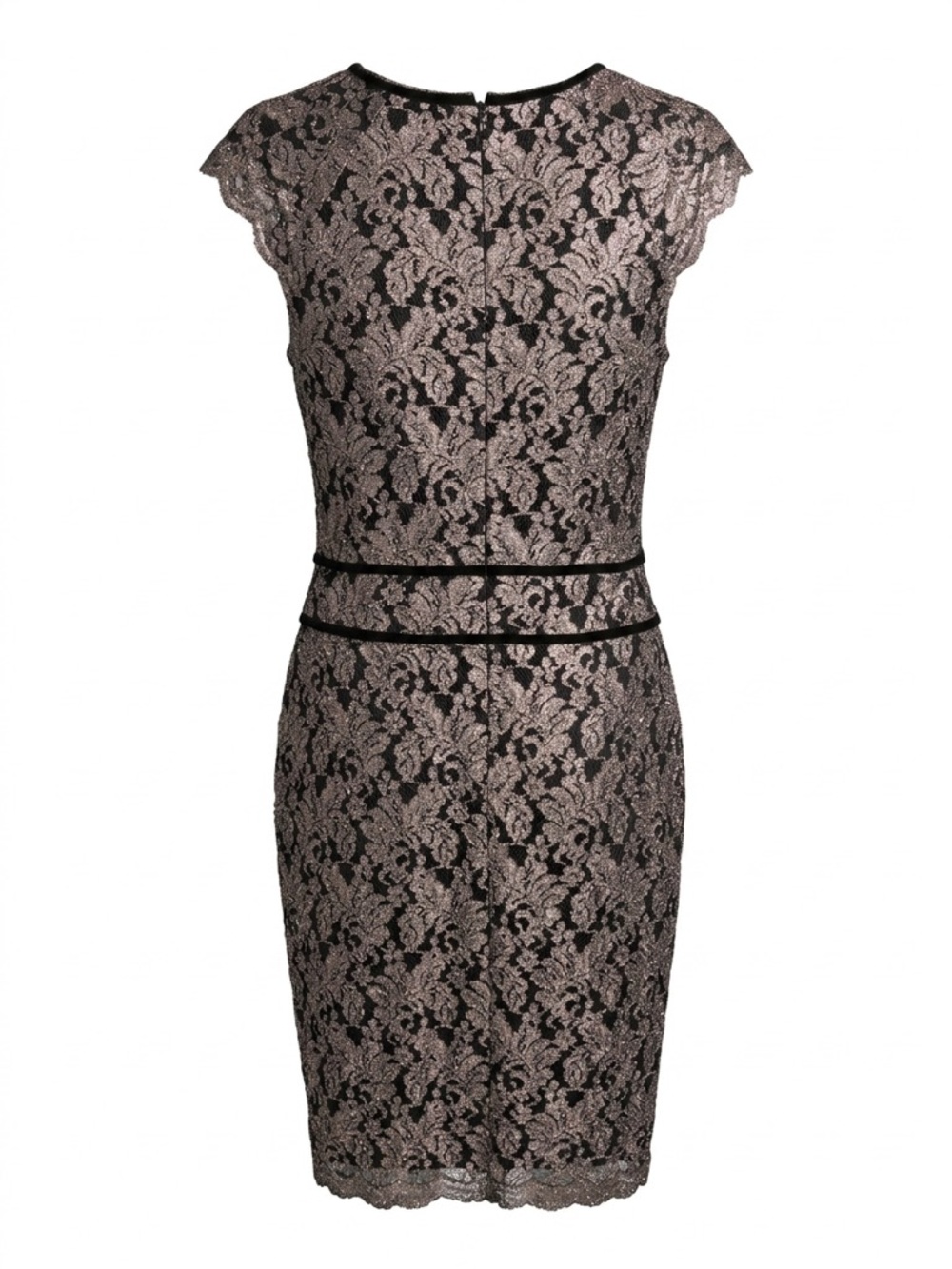 Elegant Black Lace Cap-Sleeve Sheath Dress - Taupe Lining - Picture 2 of 3